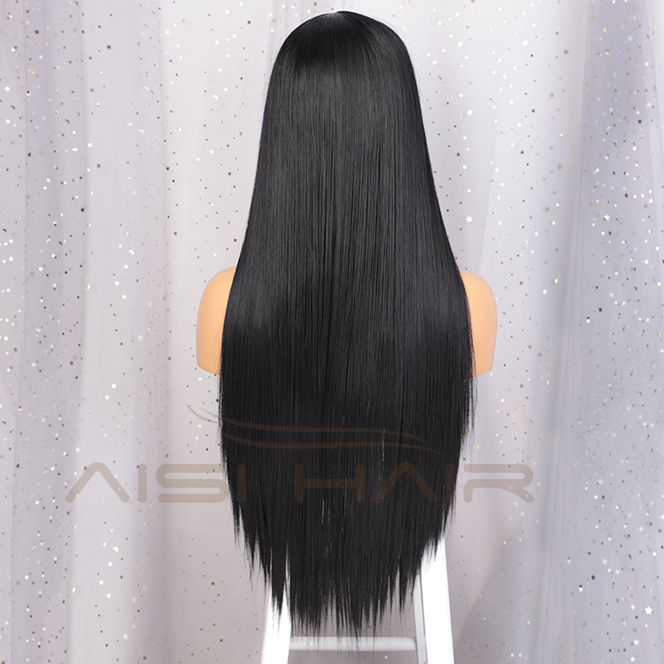 Aisi Hair New Design Long Silky Straight Black Wig Middle Part Swiss Lace Wig Synthetic Hair Lace Frontal Wigs For Black Women