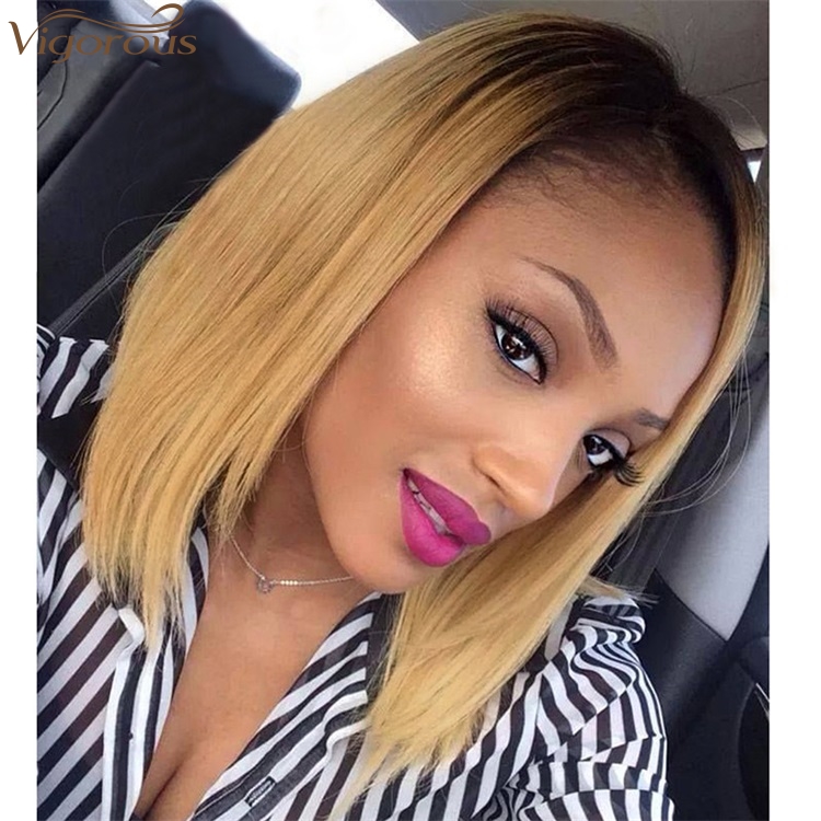 Vigorous Short Straight Bob Hair Synthetic Wigs For Women 2 Tone Ombre Blonde Wigs Glueless Cosplay Hair Wigs For Women