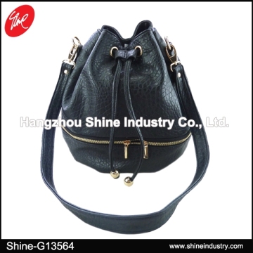Black Croc Drawstring Zipper Bucket Bag
