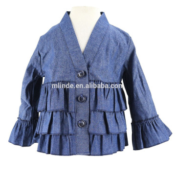 Spring Girls Fashion Denim Jeans Outwear Jacket Ruffle Overcoat Suit Pant Coat Children