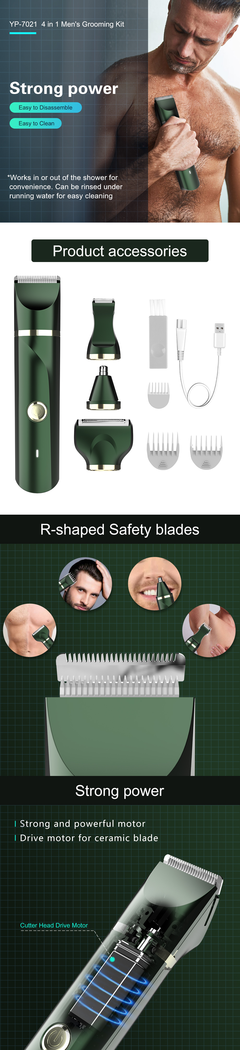 Pop trend deep green smooth safe groin hair cutter machine for men trimmer with USB and combs