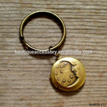 Moon and Stars Locket Keychain, Art Deco Celestial Locket Key Ring