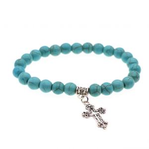 Chakra Turquoise Naturelle 8MM Perles Rondes Bracelet Charms avec Alliage Croix