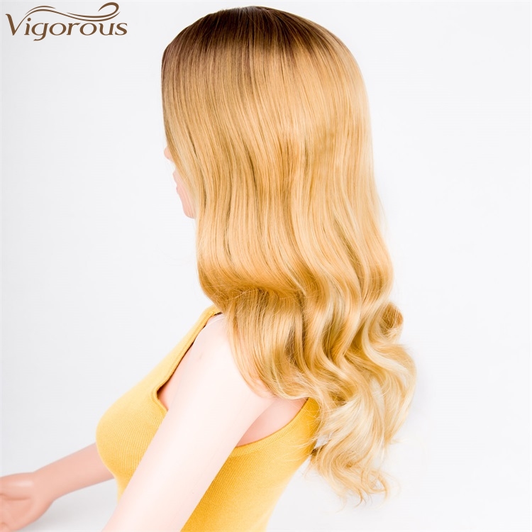 Vigorous Top Quality Long Ombre Dark Root To Blonde Wig Body Wavy Synthetic Wigs For White Women High Temperature