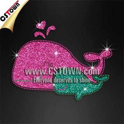 Whale family glitter rhinestone iron on transfer hotfix design