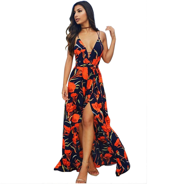 C3788 High Split Women's Dresses Floral Summer Women Long Casual