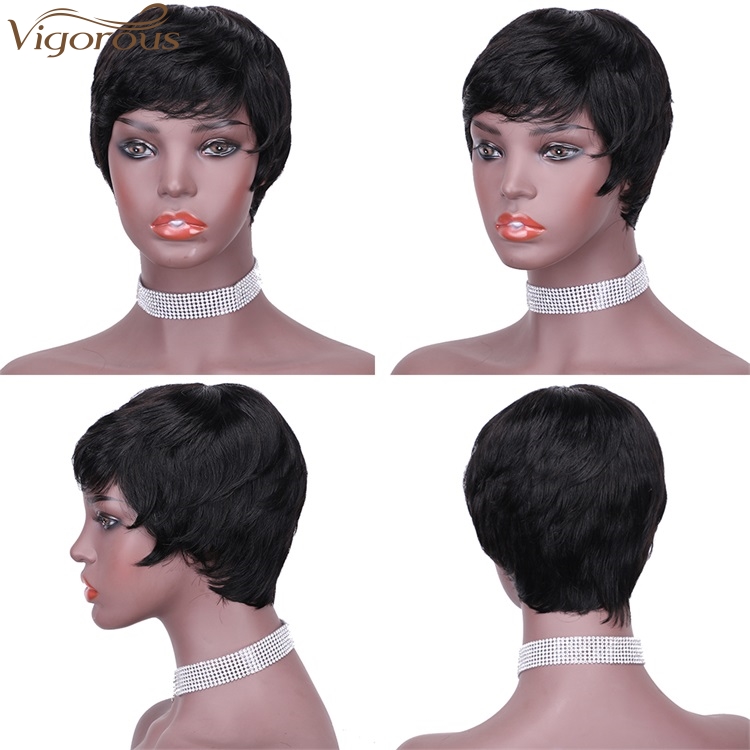 Vigorous Women Human Hair Wig Bob Hair Cut Pixie Side Part Black Fluffy  Human hair Wig Daily Use For Women