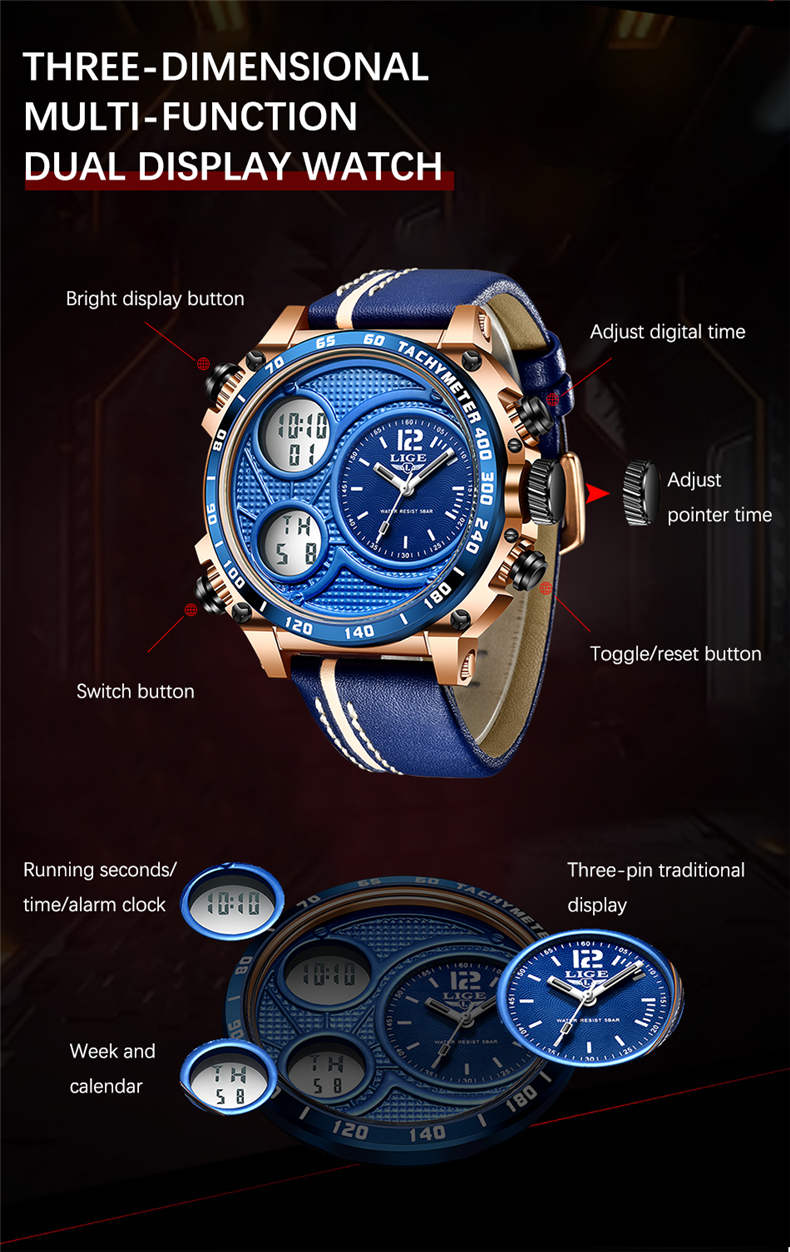 Lige 8930 Fashion Double Display Watches for Men Waterproof LED Digital Lige Watch Sport