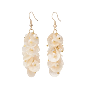 Golden Natural Pearl and Capiz Shell Cluster Earrings - PandaHall Flat Round Beads Collection