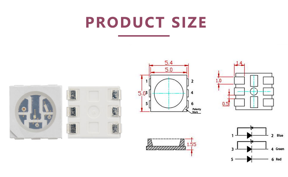 5050BGR-ZR2 5050 RGB LED SMT Zener Diode Size