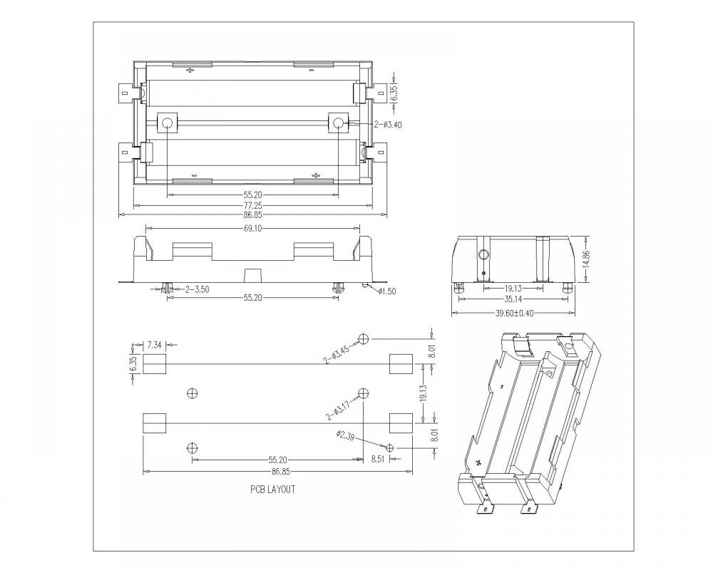 BBC-M-GO-A-18650-048P Διπλή μπαταρία για το 18650 SMT