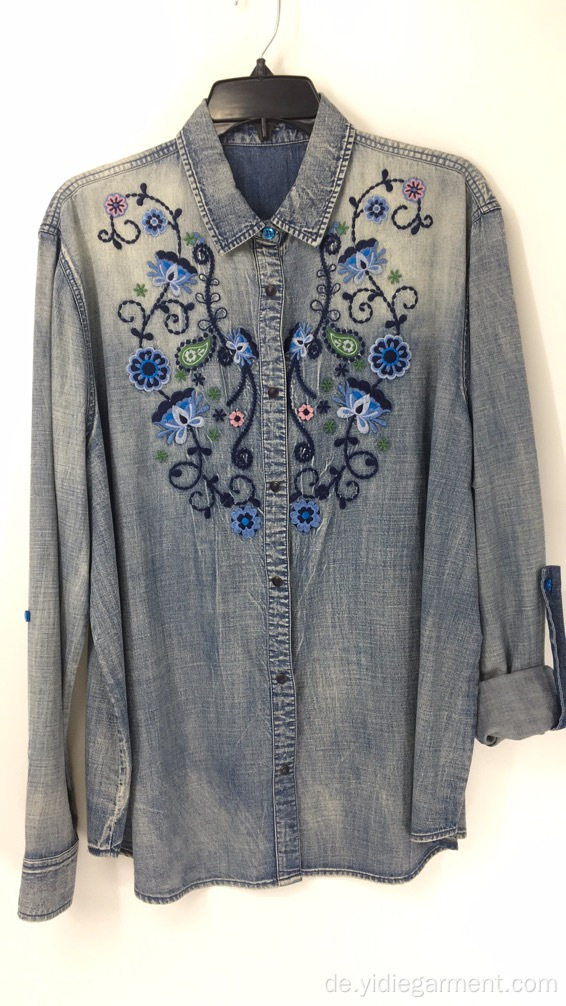 Damen Langarm Stickerei Denim Shirt