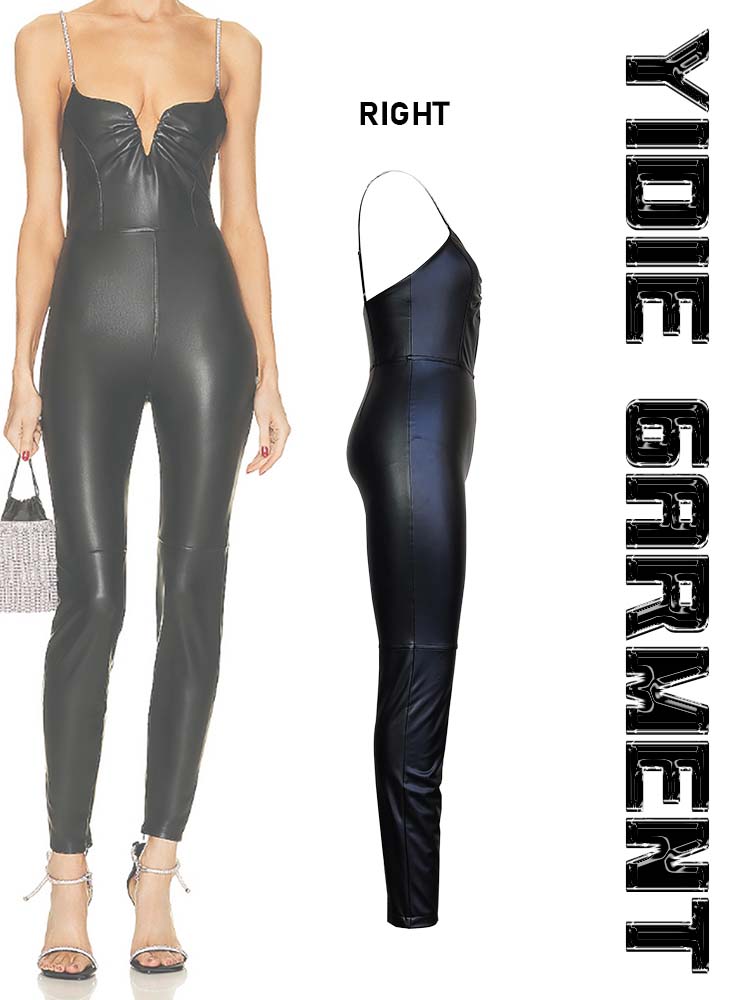 Shiny Adjustable Loop Strap Faux Leather Slim Jumpsuits