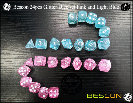 Bescon 24pcs Glitzer Würfel Set Pink und Hellblau-2 Bescon 24pcs Glitter Dice set Pink and Light Blue-2