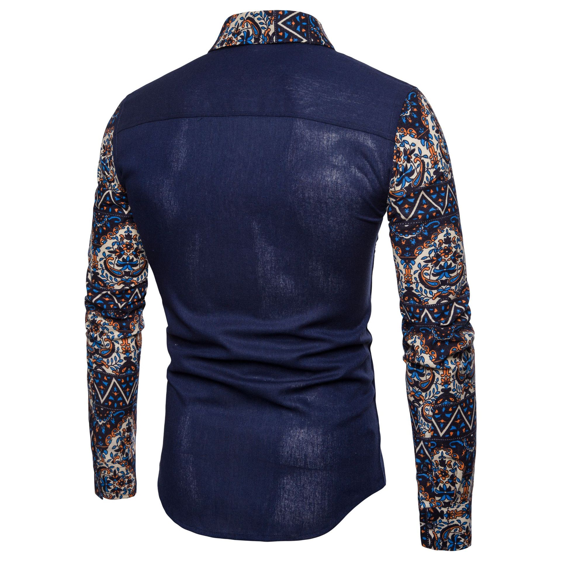 2019 spring and autumn Men's cotton and linen printed long-sleeved shirt men's linen shirt