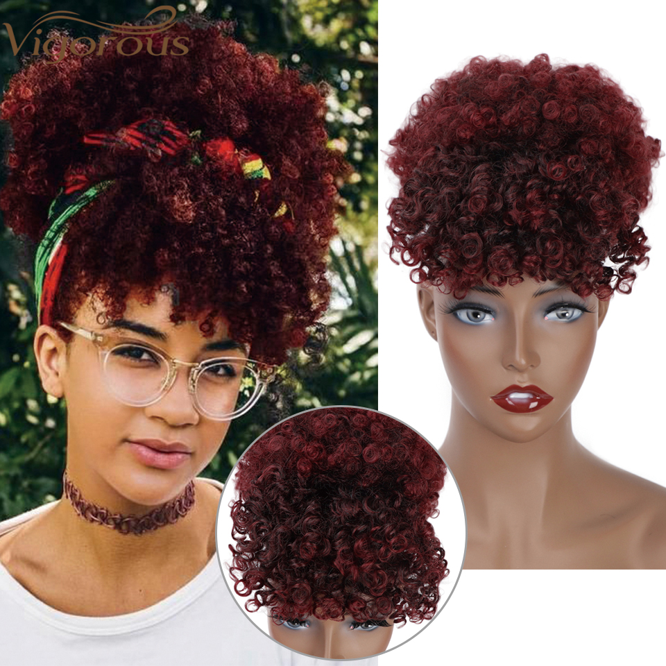 Vigorous High Quality Cheap Price Ombre Burgundy Bang Ponytail Kinky Curly Chignon Fiber For Black Women Synthetic Afro Hair Bun