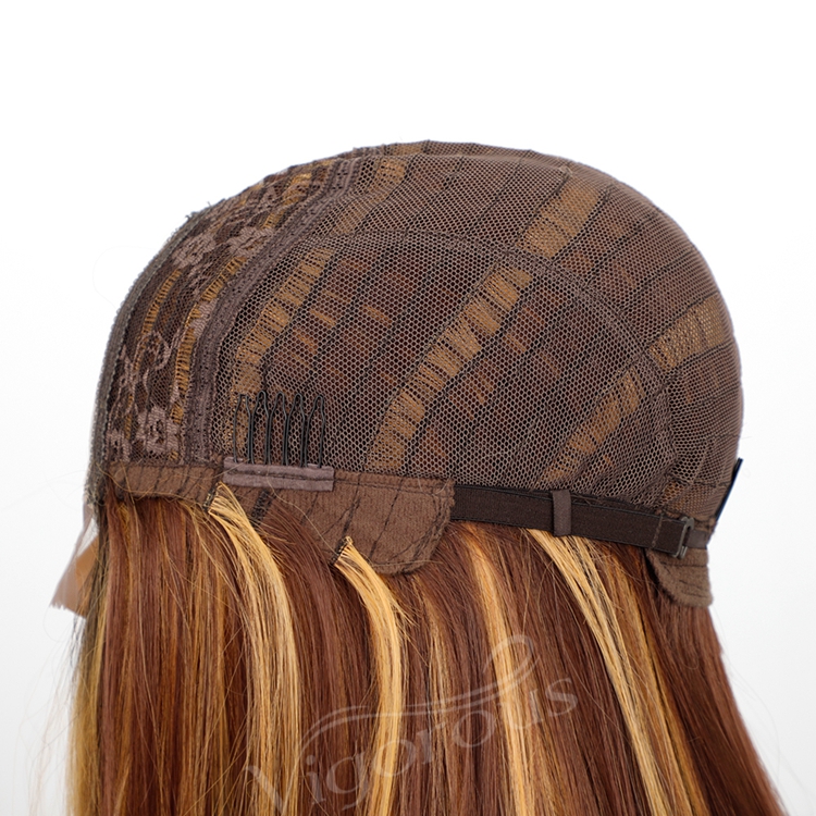Ombre Brown Highlight Blonde Dark Root Wig Long Silky Straight Wig Middle Part Synthetic Front Lace Hair Wigs For Women