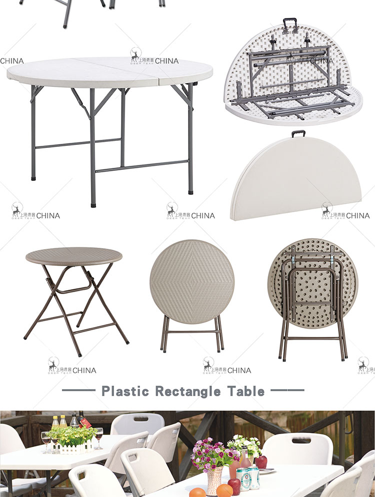 Wholesale 80CM wooden style HDPE top with metal legs cheap out door plastic round dining tables for dinner or picnic