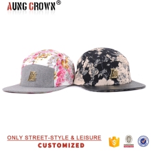 5 panel printed floral caps with metal logo/leather strap 5 panel snap back caps