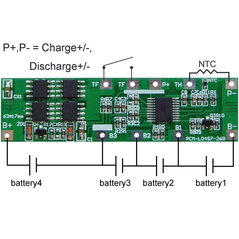 4s 7A PCM BMS for 14.4V 14.8V Li-ion/Lithium/ Li-Polymer 12V 12.8V LiFePO4 Battery Pack Size L63*W17*T4mm (PCM-Li04S7-268)