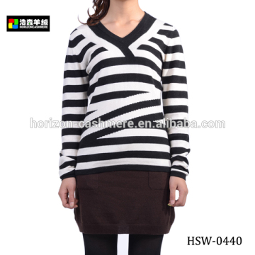 Fashion Woman V Neck Sweater Jumper, Black-White Striped Cotton Sweater Jumper