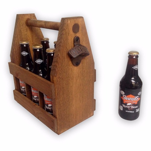 Wooden 6-Pack Beer Caddy with Metal Bottle Opener