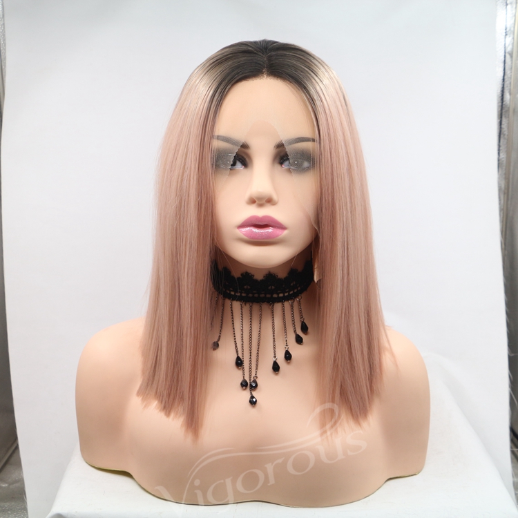 Bob blonde straight ombre wholesale high quality heat resistant cheap synthetic short wig with lace front