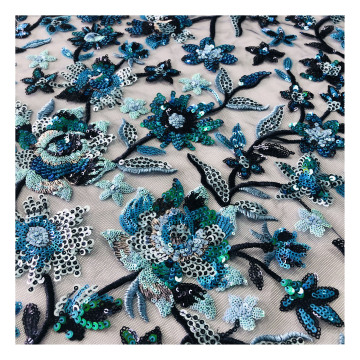 Nave Blue Beaded French Sequined Floral Embroidery Lace Fabric for Wedding Dresses
