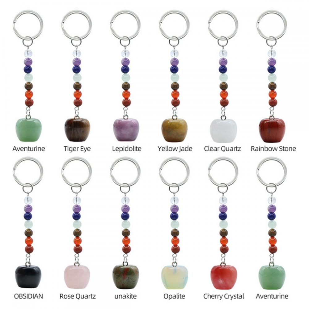 Cuarzo de rosa de 20 mm Gemstone Apple Patse Keychain con 7 Chakra Cadena