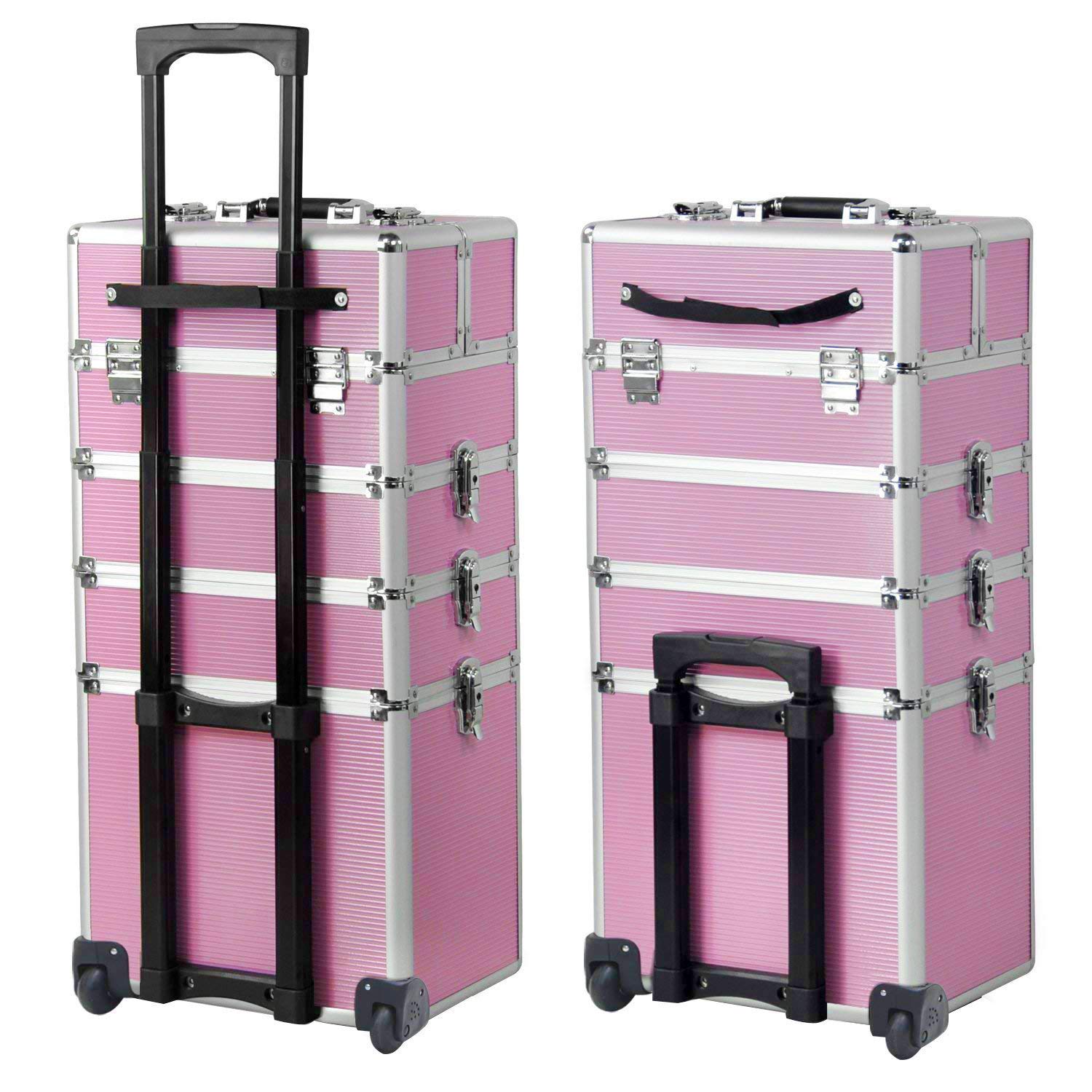 4 in 1 Aluminum Rolling Cosmetic Makeup Train Case Trolley, 4 Removable Wheels