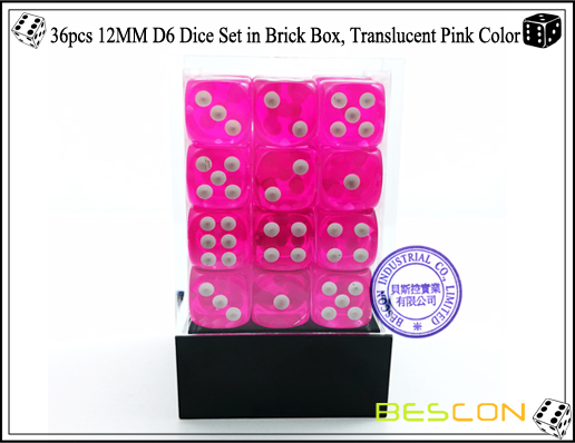 36pcs 12MM D6 Würfel Set in Brick Box, Translucent Pink Color-2 36pcs 12MM D6 Dice Set in Brick Box, Translucent Pink Color-2