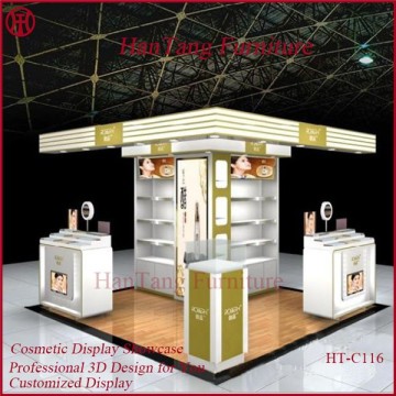 12x12 Feet Baking Painted Wooden Cosmetics Display Kiosk Modern Cosmetics Display Kiosk