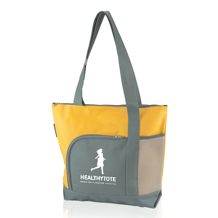 Sortie commerciale personnalisée Promotionnel 600D Polyester Canvas Tote Sac fourre-tout à fermeture éclair à deux tons avec logo imprimé personnalisé