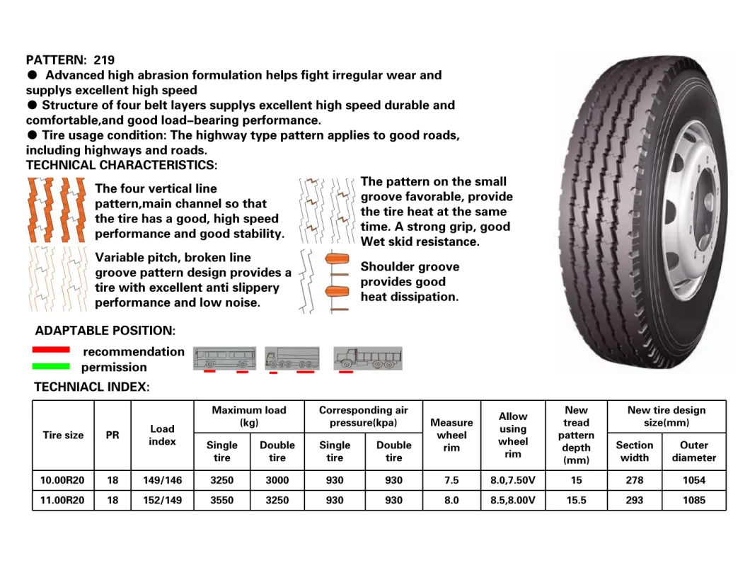 High Speed Truck Tyre, Longmarch Lm219, 10.00r20, 11.00r20, 12.00r20