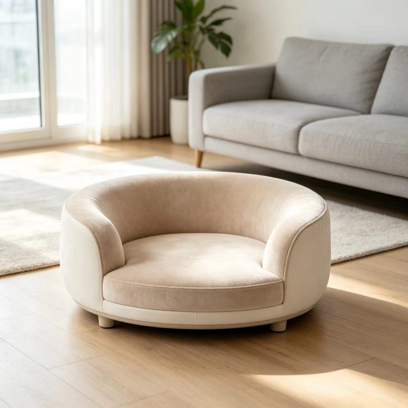 Round Curved Pet Sofa Bed with Wooden Legs, Two-tone Velvet Bolster Dog Bed, Low Entry Enclosed Pet Couch, Removable Washable Co