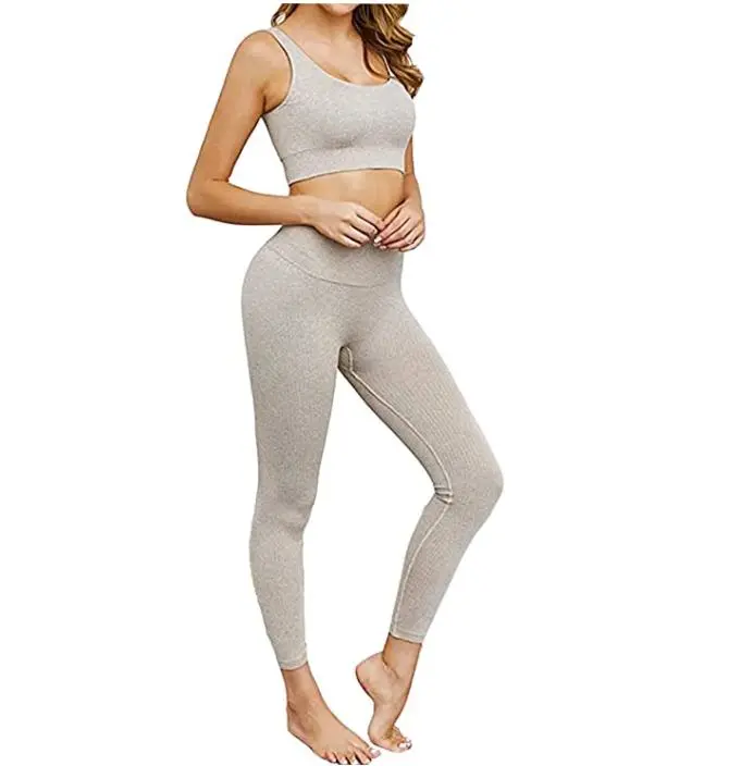 Women's Workout Sets 2 Piece Ribbed Seamless Sports Bra&Leggings Set Gym