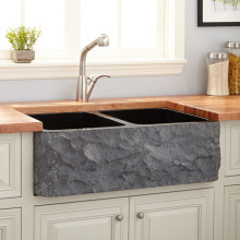 polished marble 70/30 offset double-bowl farmhouse kitchen sink