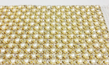 Hot Fix Rhinestone and Pearl Embellished Mesh Ribbon