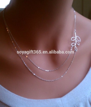 Women Gold Silver Simple Double Layer Leaf Chain Necklaces Jewelry