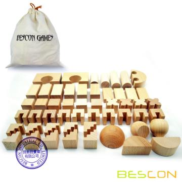 Bescon Dice Bloques de construcción de madera originales de madera 52 piezas con bolsa de transporte de lienzo, juguete de iluminación educativa para niños