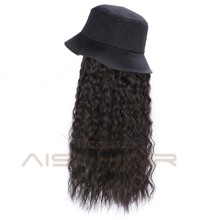 Aisi Hair Outdoor Hat Black Water Wave Wig Party Knit Slouchy Hat Synthetic Fiber Hair Extension With Black Bucket Hat For Women