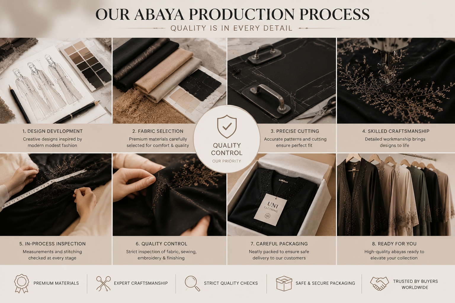 پشت صحنه چگونه عبایی با کیفیت بالا برای خریداران جهانی ایجاد می کنیم (2) Behind the Scenes How We Create High-Quality Abayas for Global Buyers (2)