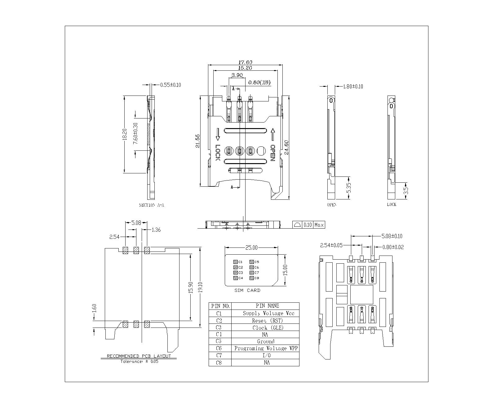 ATK-SIM-6-B-180-035 SIM Card 6P Hinge type 1.8H Connector