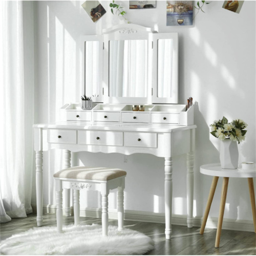 Beau White Solid Wood Dressing Table With Mirror