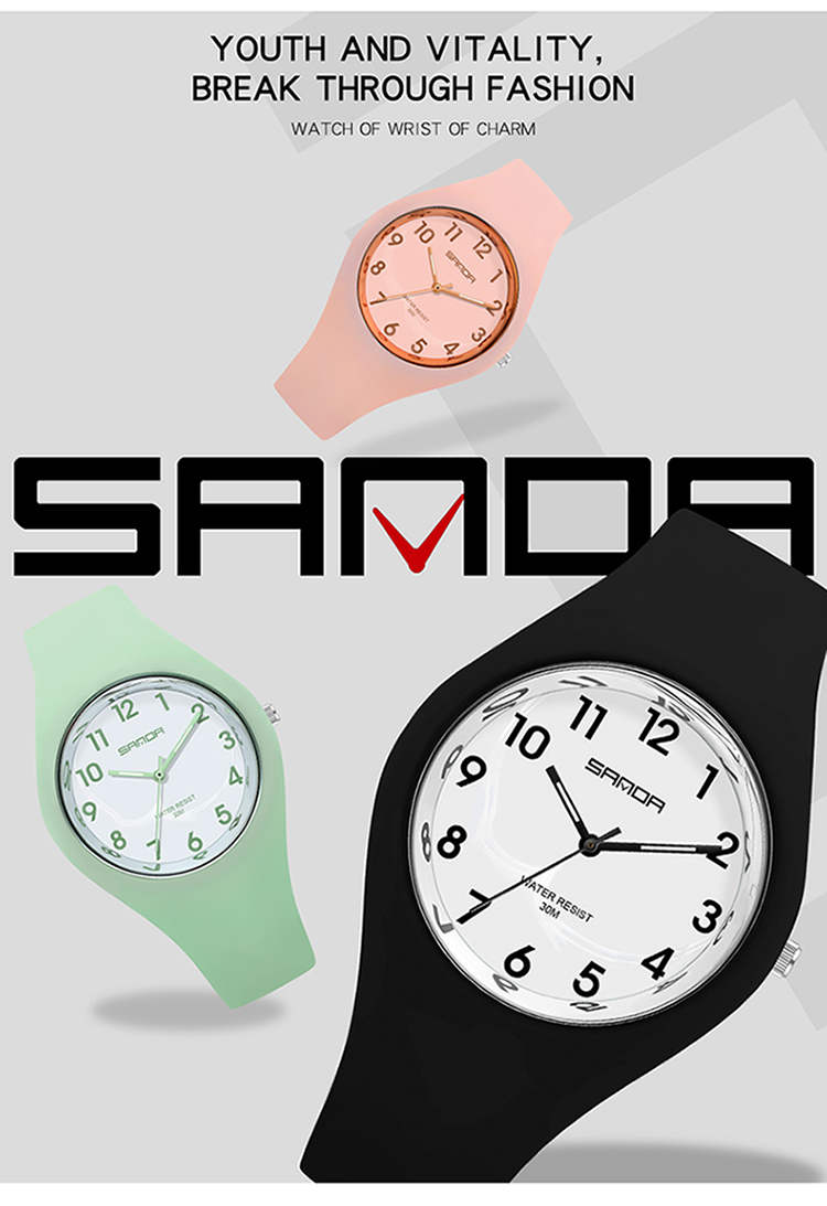 Sanda 6056 Arabic Numerals Quartz Wristwatches Kids Waterproof Silicone Japan Movt Watch