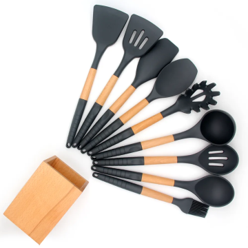 Kitchen Accessories Home and Kitchen Cookware Sets 9PCS SILICON KITCHEN UTENSILS WITH WOOD HANDLE