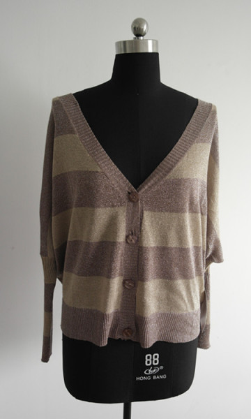 Ladies stripe knitted bat sleeve large size Lurex cardigan sweater