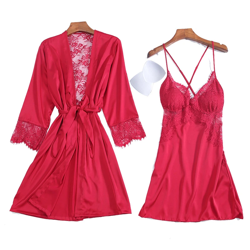 Good Quantity Silk Ladies' Sexy Nightgown with Breast Pad and Backless Hollow Dress Set