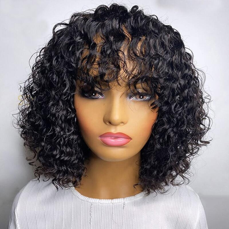 ISEE Short Human Hair Lace Front Wig With Bangs,Brazilian Straight Hair Bob Lace Wig With Front Fringe Bangs