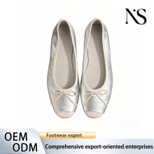 Bow Accented Metallic Satin Ballet Flats